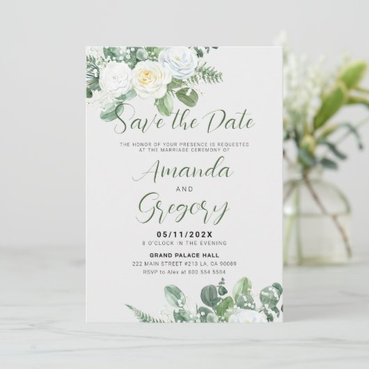 Elegante witte rozen & groen Save-the-date Kaart (Staand voorkant)