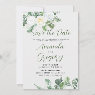 Elegante witte rozen & groen Save-the-date Kaart