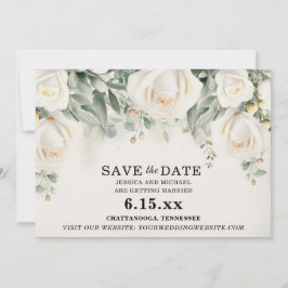 Elegante witte rozen groene bloemen bruiloft save the date