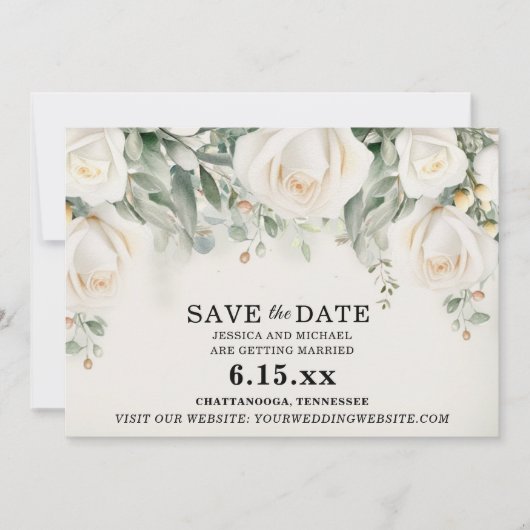Elegante witte rozen groene bloemen bruiloft save the date (Voorkant)