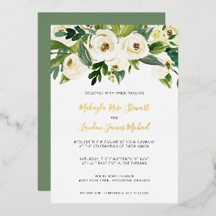 Elegante Witte Rozen Groene Bloemige Trouw Goud Folie Uitnodiging