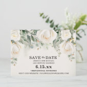 Elegante witte rozen groene bruiloft save the date (Staand voorkant)