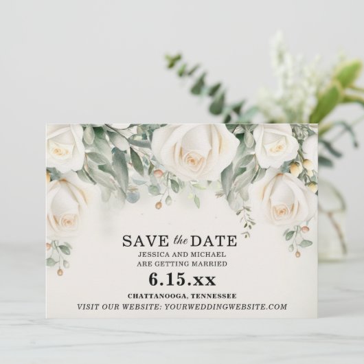 Elegante witte rozen groene bruiloft save the date (Staand voorkant)