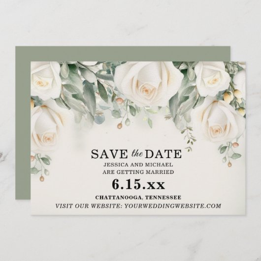 Elegante witte rozen groene bruiloft save the date (Voorkant / Achterkant)