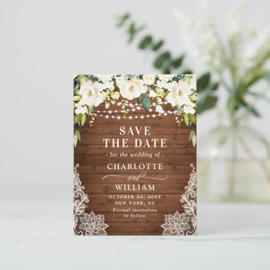 Elegante Witte Rozen Kant Bruiloft Save the Date Briefkaart (Staand voorkant)