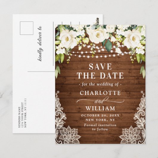 Elegante Witte Rozen Kant Bruiloft Save the Date Briefkaart (Voorkant / Achterkant)