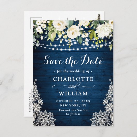 Elegante Witte Rozen Kant Bruiloft Save the Date Briefkaart (Voorkant / Achterkant)