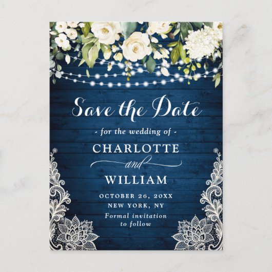 Elegante Witte Rozen Kant Bruiloft Save the Date Briefkaart (Voorkant)