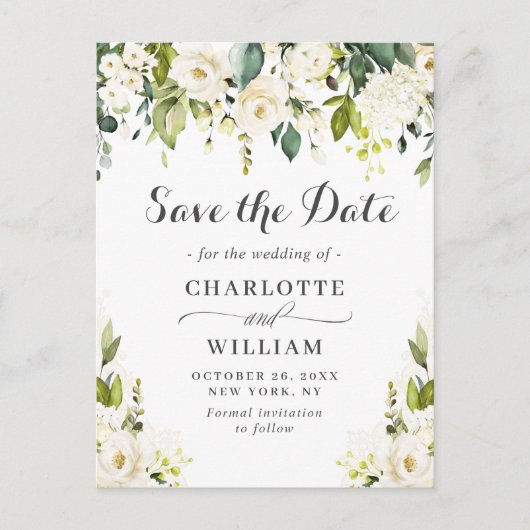 Elegante Witte Rozen Kant Bruiloft Save the Date Briefkaart (Voorkant)