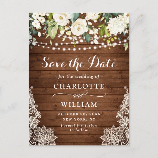 Elegante Witte Rozen Kant Bruiloft Save the Date Briefkaart (Voorkant)