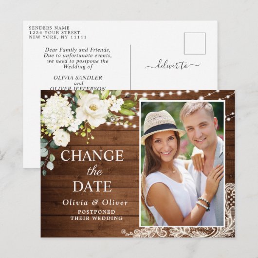 Elegante witte rozen kant rustieke bruiloft uitges briefkaart (Voorkant / Achterkant)