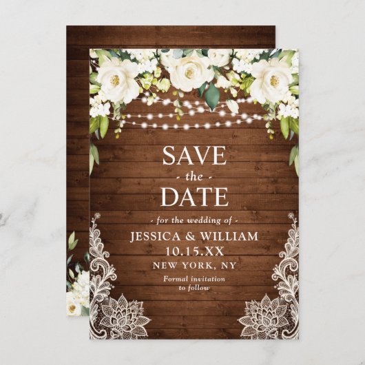 Elegante Witte Rozen Kant Rustieke Houten Bruiloft Save The Date (Voorkant / Achterkant)