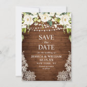 Elegante Witte Rozen Kant Rustieke Houten Bruiloft Save The Date (Voorkant)