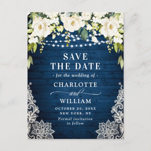 Elegante witte rozen kant trouw save the date briefkaart (Voorkant)
