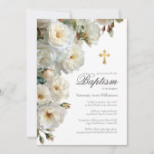 Elegante witte rozen met gouden kruisdoop kaart (Voorkant)