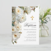 Elegante witte rozen met gouden kruisdoop kaart (Staand voorkant)