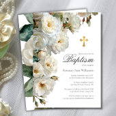 Elegante witte rozen met gouden kruisdoop kaart