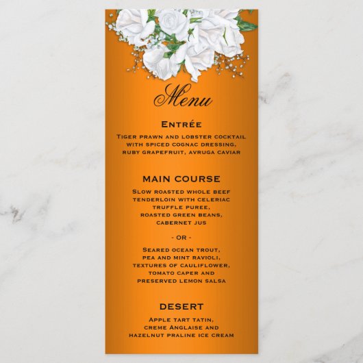 Elegante witte rozen op Sinaasappel bruiloft Menu (Voorkant)