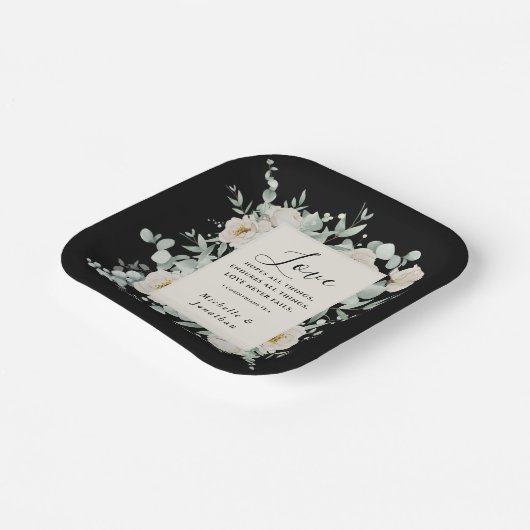 Elegante witte rozen op zwart bruiloft bijbel vers papieren bordje (Gebogen)