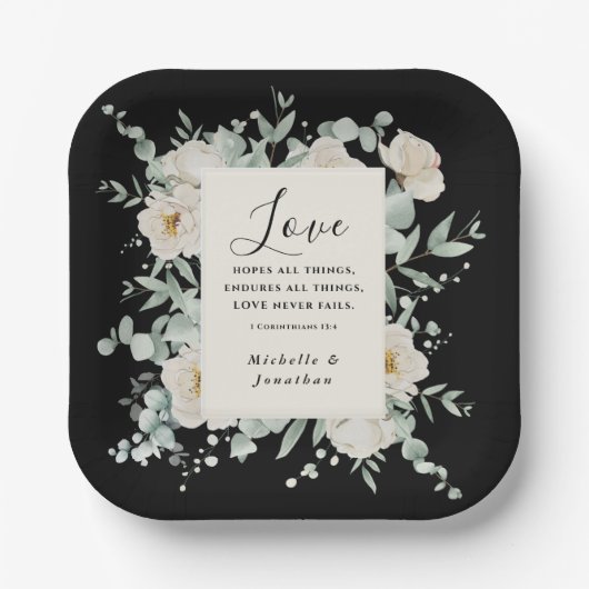 Elegante witte rozen op zwart bruiloft bijbel vers papieren bordje (Voorkant)