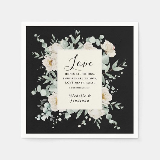 Elegante witte rozen op zwart bruiloft bijbel vers servet (Voorkant)