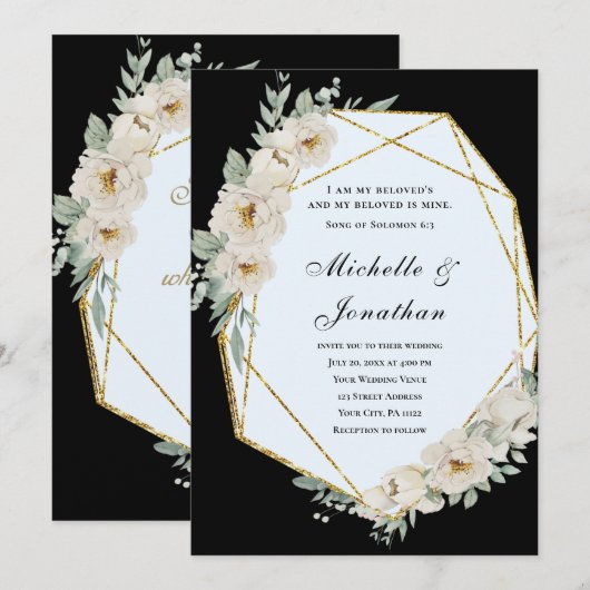 Elegante witte rozen op zwarte bijbel vers bruilof kaart (Voorkant / Achterkant)