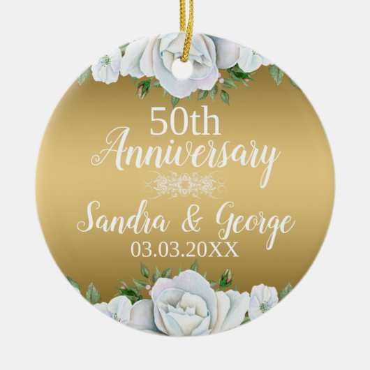 Elegante witte rozen over gouden achtergrond keramisch ornament (Voorkant)