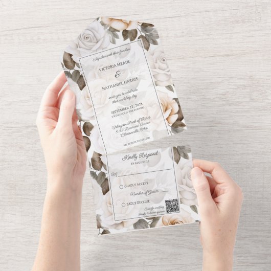 Elegante witte rozen QR-code All In One Uitnodiging (Afscheurbaar)