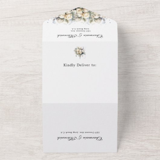Elegante Witte Rozen RSVP QR Code Bruiloft All In One Uitnodiging (Buitenkant)