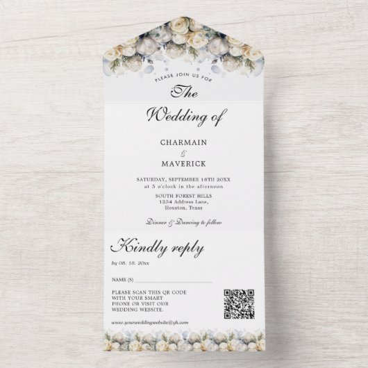 Elegante Witte Rozen RSVP QR Code Bruiloft All In One Uitnodiging (Binnen)