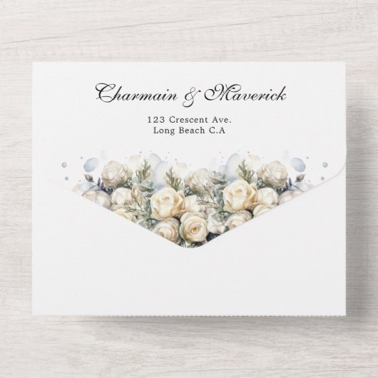 Elegante Witte Rozen RSVP QR Code Bruiloft All In One Uitnodiging (Achterkant)