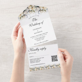 Elegante Witte Rozen RSVP QR Code Bruiloft All In One Uitnodiging