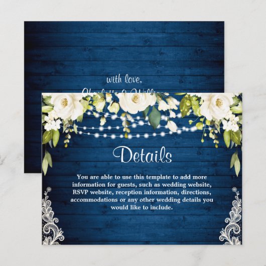 Elegante witte rozen rustieke bruiloft details Kaa Briefkaart (Voorkant / Achterkant)