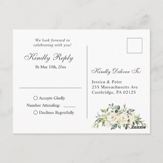 Elegante witte rozen rustieke bruiloft RSVP Kaart (Achterkant)