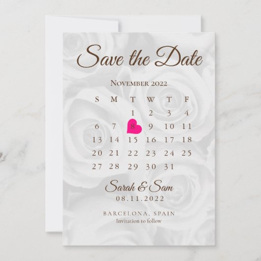 Elegante Witte Rozen Save The Date Agenda Bruiloft Kaart (Voorkant)