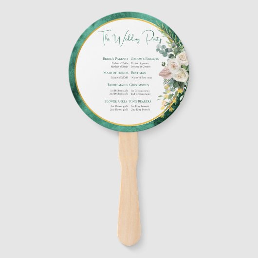 Elegante witte rozen Smaragd Groene Huwelijkscerem Handwaaier (Achterkant)