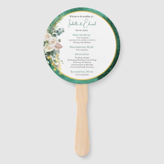 Elegante witte rozen Smaragd Groene Huwelijkscerem Handwaaier (Voorkant)