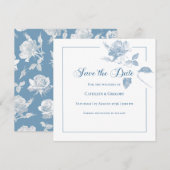 Elegante Witte Rozen Stofblauwe Bloemige Bruiloft Save The Date (Voorkant / Achterkant)