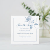 Elegante Witte Rozen Stofblauwe Bloemige Bruiloft Save The Date (Staand voorkant)