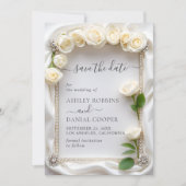 Elegante witte rozen van fluweel Save The Date Kaart (Voorkant)