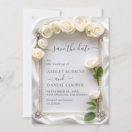 Elegante witte rozen van fluweel Save The Date Kaart (Voorkant)