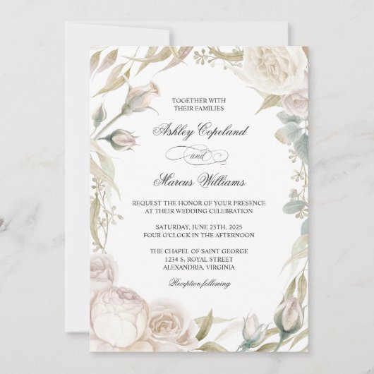 Elegante witte rozen Waterverf bruiloft uitnodigin Kaart (Voorkant)