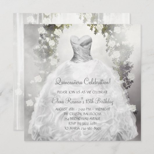 Elegante Witte Rozen Witte Quinceanera Uitnodiging (Voorkant / Achterkant)