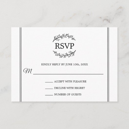 Elegante witte RSVP Franse stijl Branches Monogram Informatiekaartje (Voorkant)