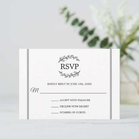 Elegante witte RSVP Franse stijl Branches Monogram Informatiekaartje (Staand voorkant)
