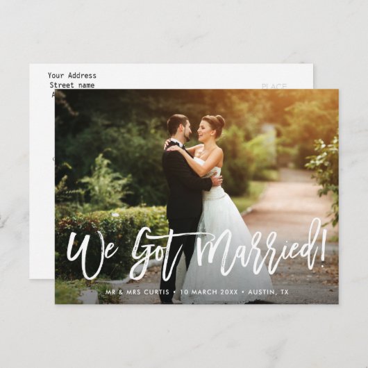 Elegante witte rustieke script bruiloft Aankondigi Briefkaart (Voorkant / Achterkant)