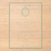 Elegante Witte & Sage Groene Crest Monogram Huweli Acryl Uitnodigingen (Voorkant)