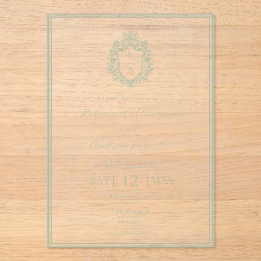 Elegante Witte & Sage Groene Crest Monogram Huweli Acryl Uitnodigingen (Voorkant)