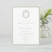 Elegante Witte & Sage Groene Crest Monogram Huweli Kaart (Staand voorkant)