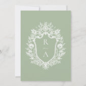 Elegante Witte & Sage Groene Crest Monogram Huweli Kaart (Achterkant)